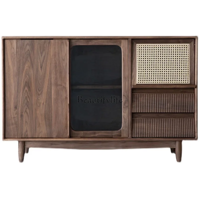 

ls 51Nordic black walnut dining side cabinet living room with lamp storage tea and wine cabinet