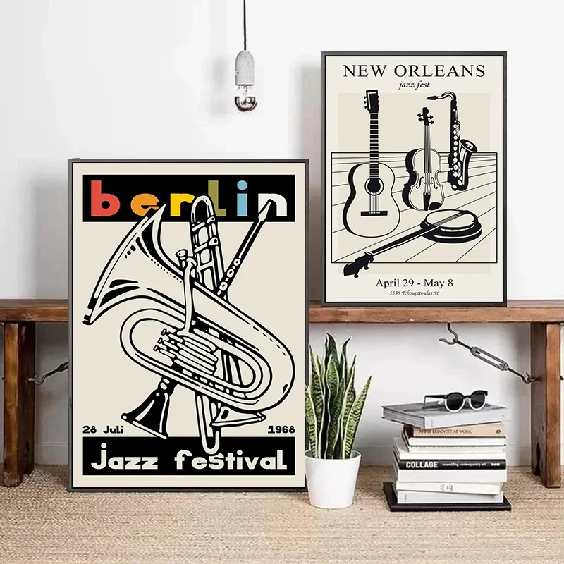 Retro Jazz Festival Paris Chicago Jazz Club Cat Instrument Art Poster Canvas Painting Wall Prints Picture Living Room Home Decor