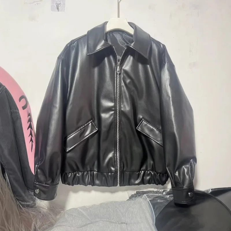Women's Autumn Winter PU Leather Jacket Black New Fashion Turn-down Collar Slanted Pockets Leather Jacket Coat Comfortable Warm