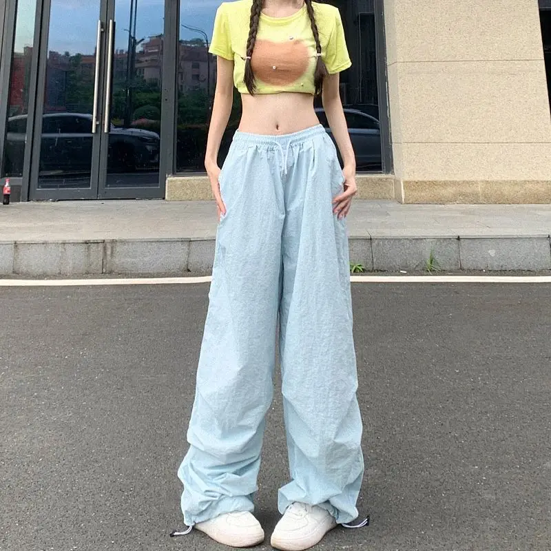 Rimocy High Waist Summer Cargo Pants Women Streetwear Drawstring Thin Parachute Pants Woman Solid Color Wide Leg Y2k Trouses