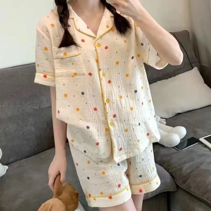 Summer Ladies Pajamas Homewear Set of Bubble Cotton Student Pajamas Homewear Women Short-Sleeved Shorts Girls Sweet Homewear