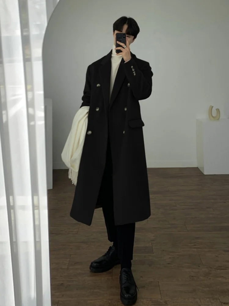 

Ele Mid-Length Woolen Coat Knee-Length Briti Sle Winter Coat Warmth Comfortable Fit for Children Pure Color Double-Br...