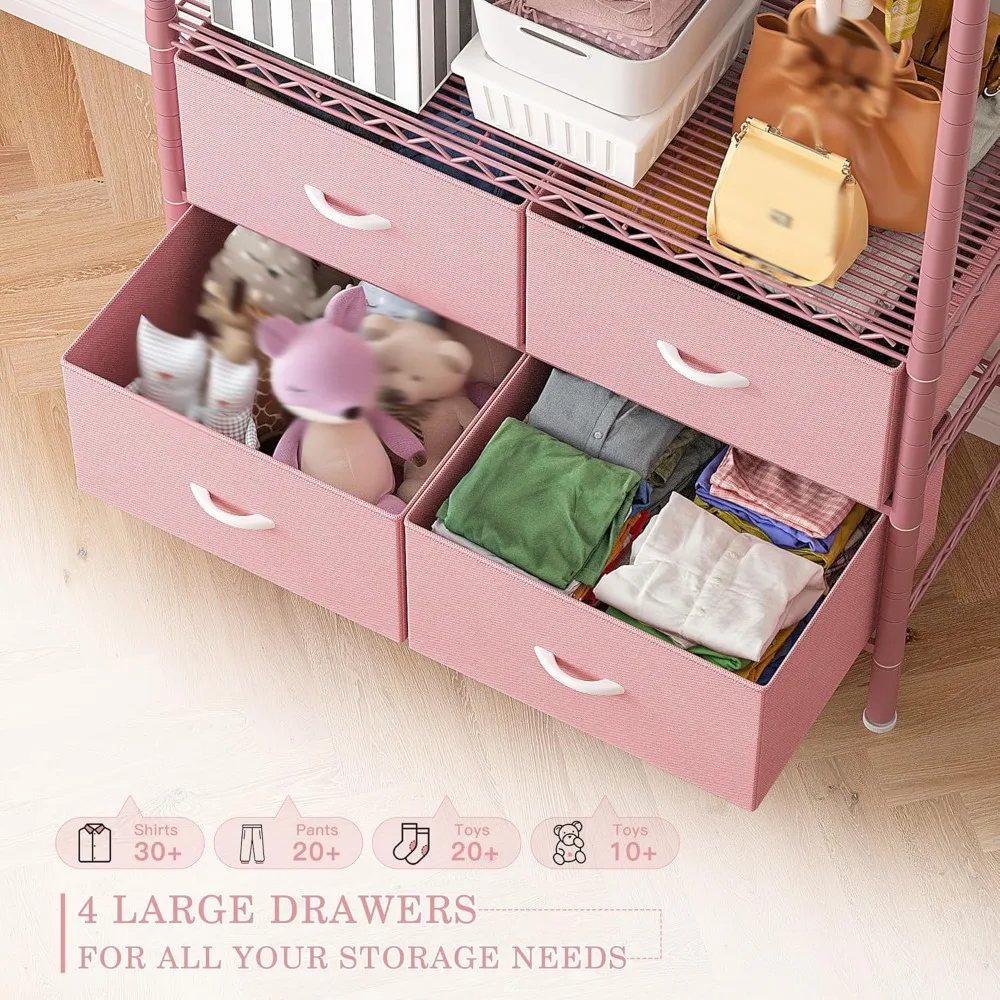 رف ملابس معدني محمول عالي التحمل مع أرفف و4 أدراج، مثالي لتعليق وتخزين الملابس باللون الوردي