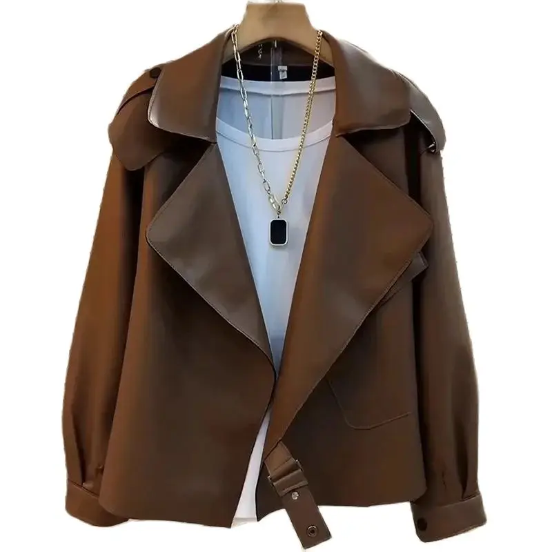 2024 Brown Black Red Leather Jacket Women\'s Spring Autumn Suit Collar Leather Coat Fashion Loose Jackets Outwear Coats Female