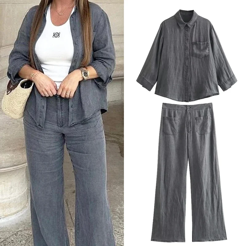 TRAF Grey Linen Women Two Piece Set Loose Button Women Shirt And Mid Waist Zipper Lady Pants 2024 Summer Fashion Casual Lady Set