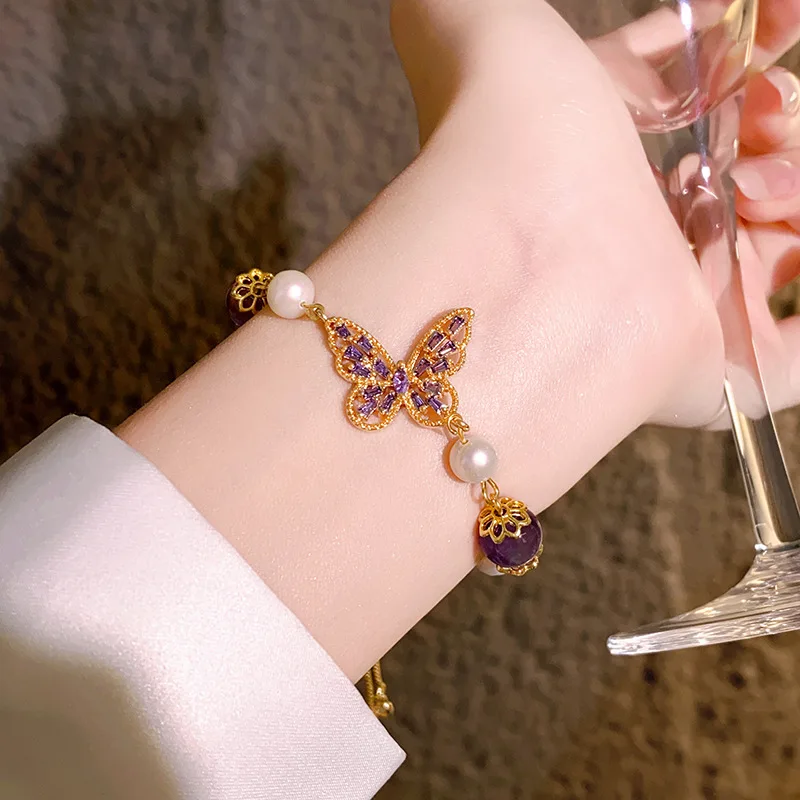 New Arrival Trendy Purple Crystal Butterfly Natural Freshwater Pearl 14K Gold Filled Ladies Charm Bracelet Promotion Gifts