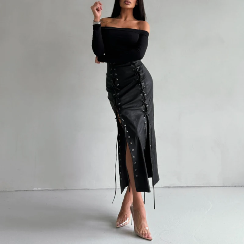 

Autumn Vintage High Waist Lace Up Leather Skirt Office Lady Slim Solid Color A-line Skirt Sexy Wrap Hip Hollow Split Long Skirt