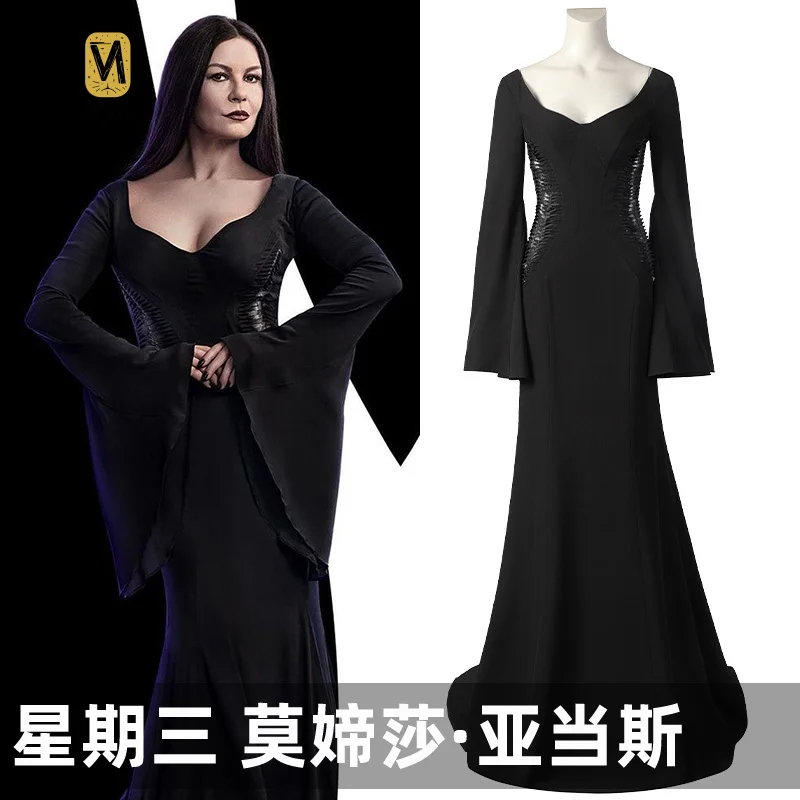 

HCos Wednesday Morticia Cosplay Costume Long Dress Belt Full Set Role Play Dress Outfit Custom Made