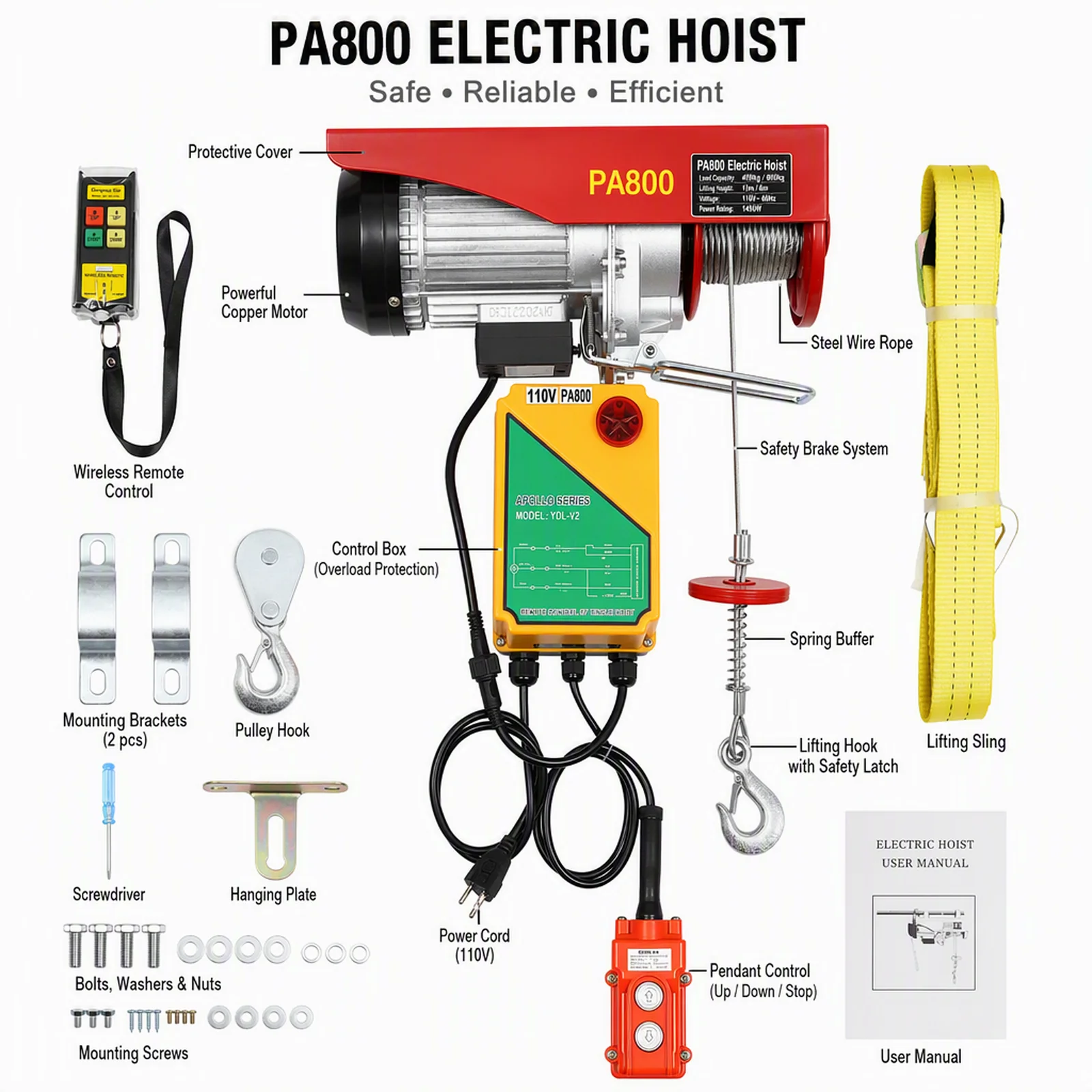 Wireless Electric Hoist 1800lbs 2-in-1 110v Electric Hoist with 2 Lifting Straps Steel Wire Rope Length 12 Meters with Wireless Remote Control & Single/Double Slings Electric Winch Steel Electric Lift for Lifting in Factories Warehouses Construction Site