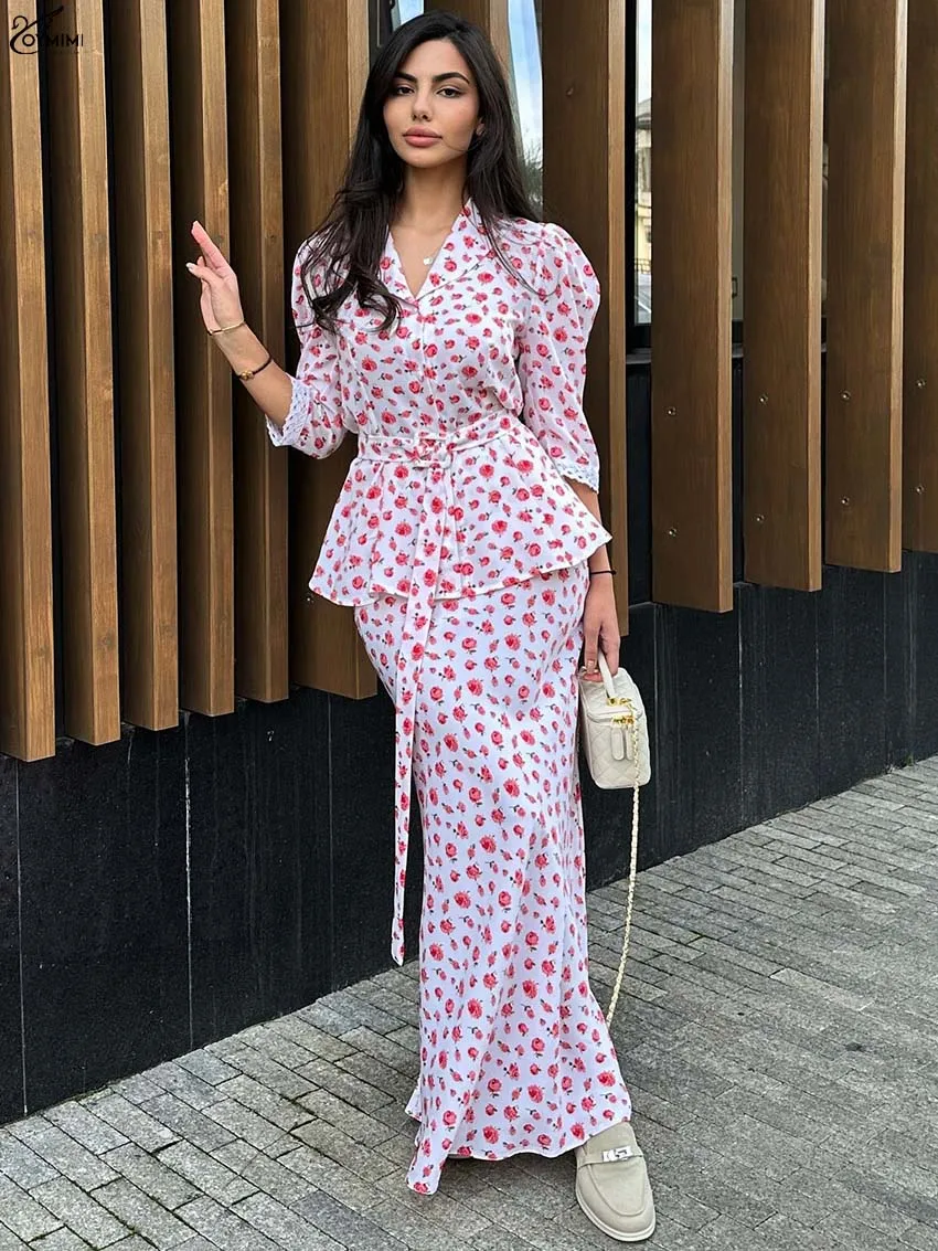 

Oymimi Элегантный женский комплект из 2 предметов с красным принтом, модные комплекты с кружевными пуговицами три четверти и прямые юбки с высокой талией