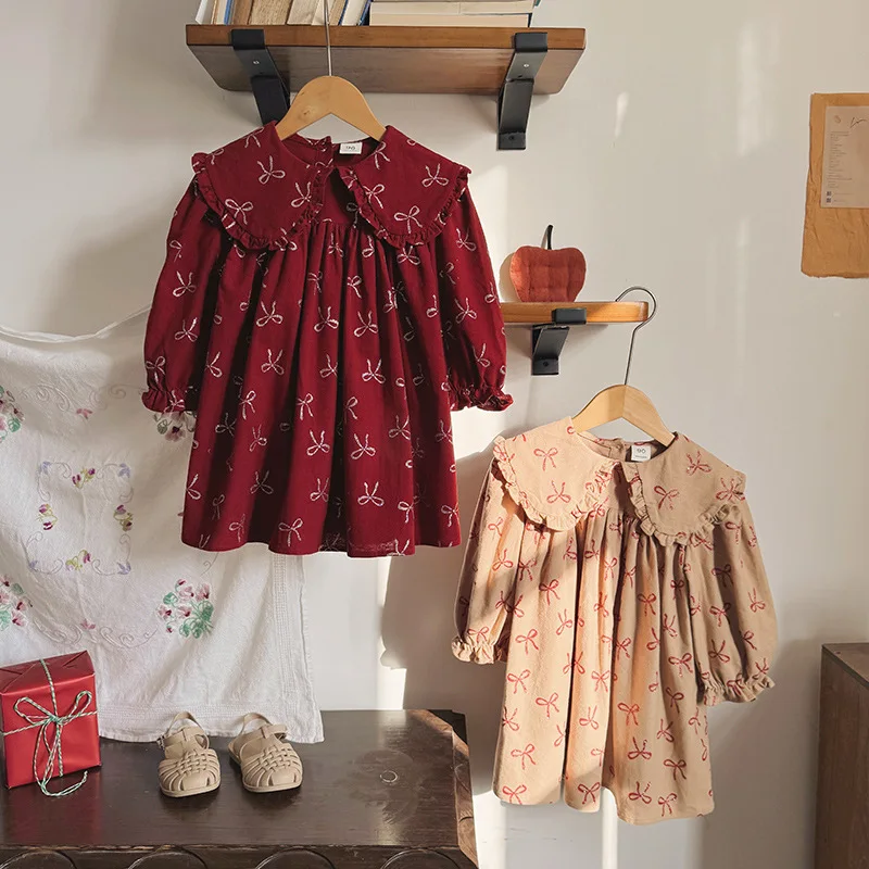 

Collared Printed Lace Dress for Girls2026New long-sleeved sweet children's princess dress made of pure cotton