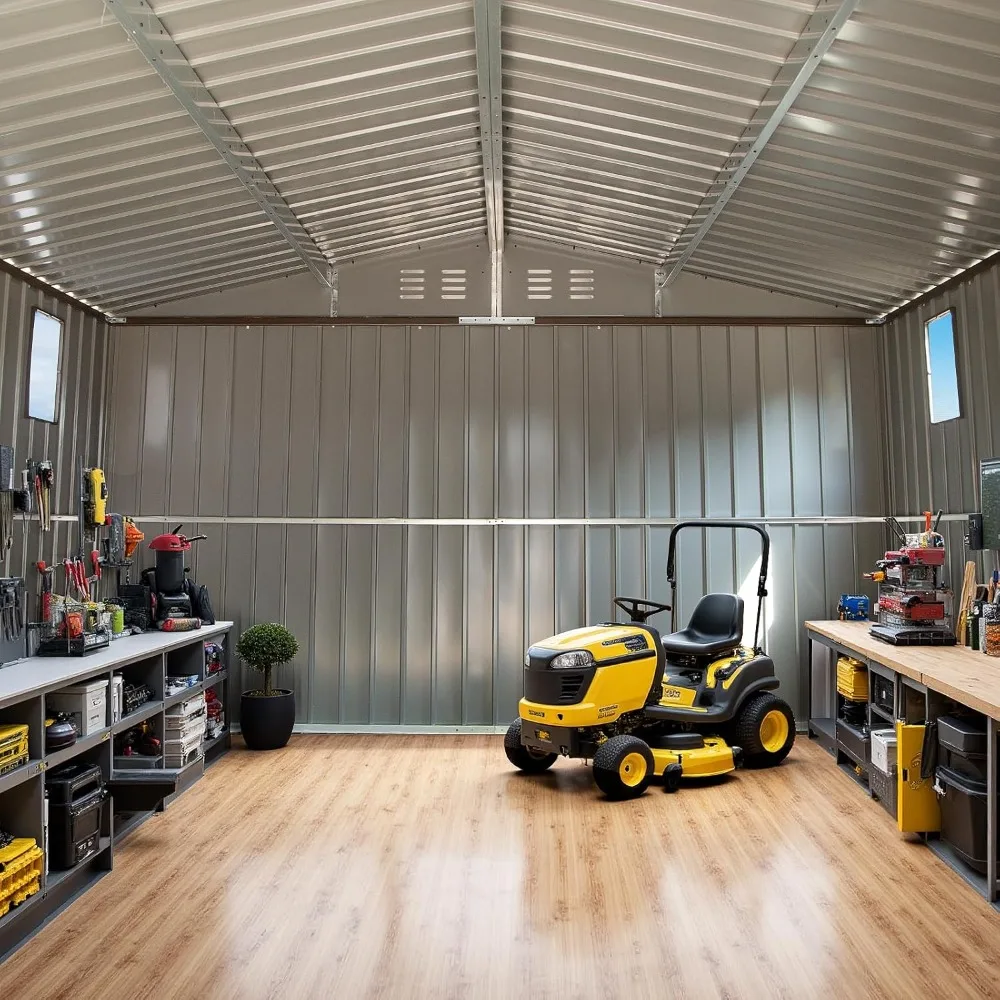 سقيفة تخزين خارجية كبيرة مقاس 11 × 12.5 قدم. سقيفة تخزين في الفناء الخلفي مع نوافذ، أبواب قابلة للقفل، فتحة تهوية، سقيفة أدوات الحديقة، فولاذ أيضًا