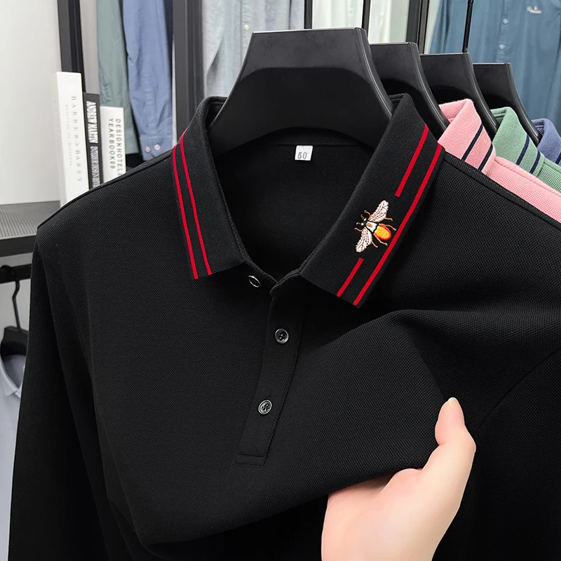 100% cotton men's long sleeve polo shirt autumn new casual high-quality fashion brand exquisite bee embroidery lapel T-shirt