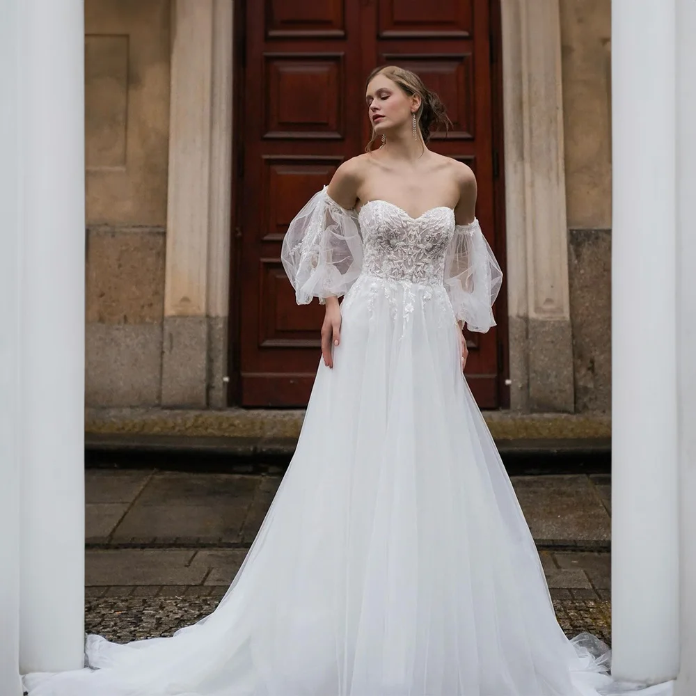 

Off the Shoulder Appliques Lace Wedding Dress with Removable Puff Sleeve A-line Tulle Court Wedding Gowns for Bridal فساتين طويل