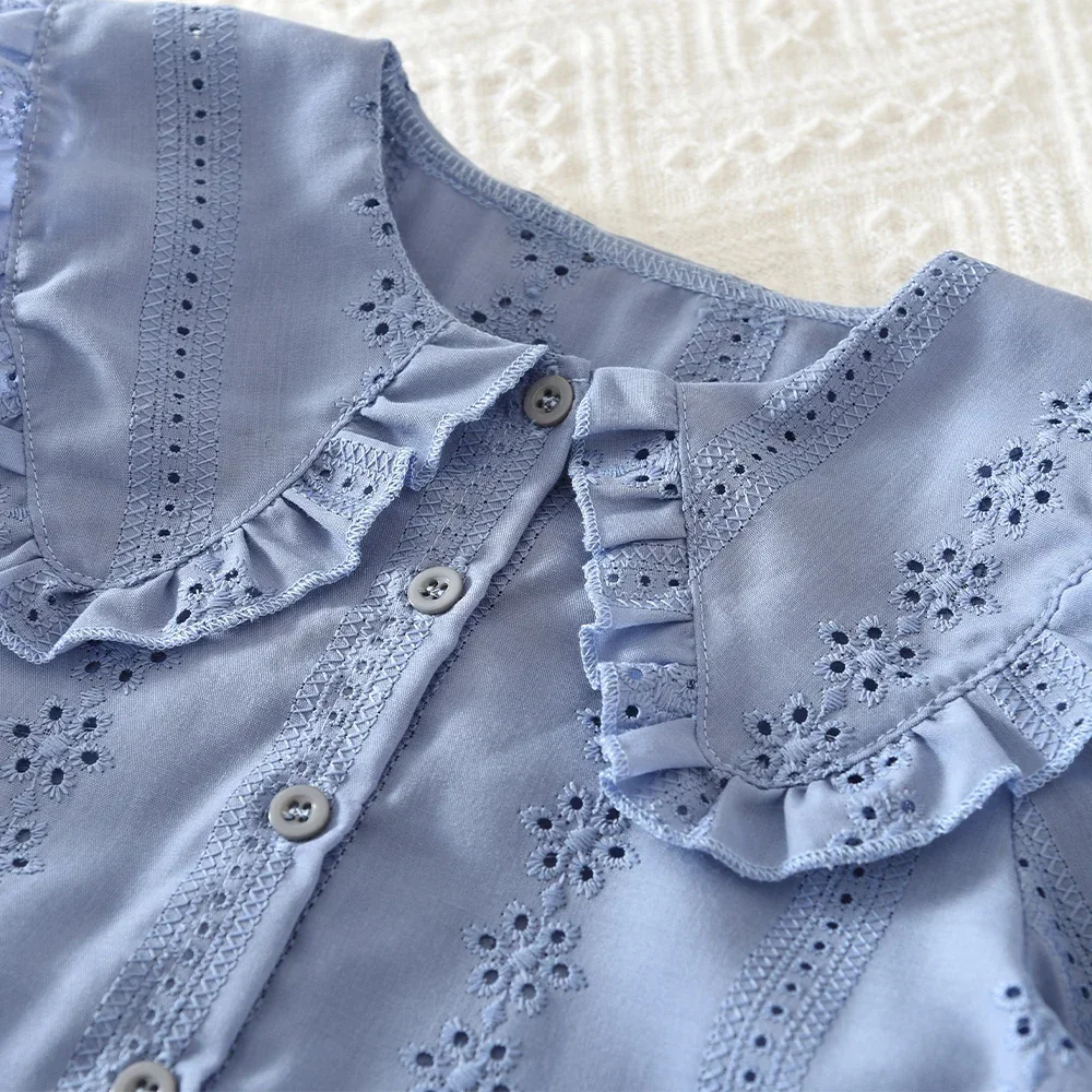 Koreanisches Akademie-Style Kinderset für Frühling und Herbst, Mädchenkleidung, Khaki Bedrucktes Hemd mit Kragen und Langen Ärmeln + Kurzer Rock – Detail 4