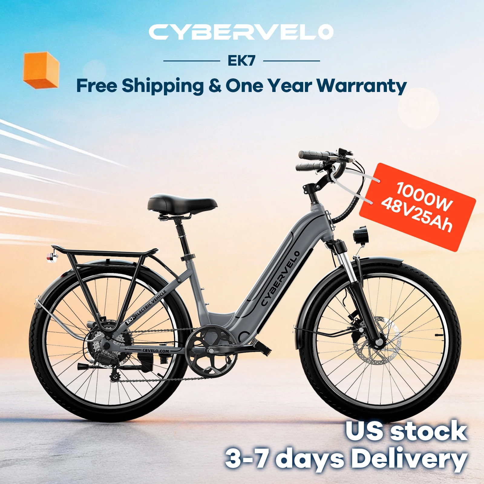 Cybervelo 1000W Peak Electric Bike for Adults, 26" City Commuter Ebike, 7-Speed, 48V 25AH Removable Battery, Up to 80+ Miles Long Range EK7