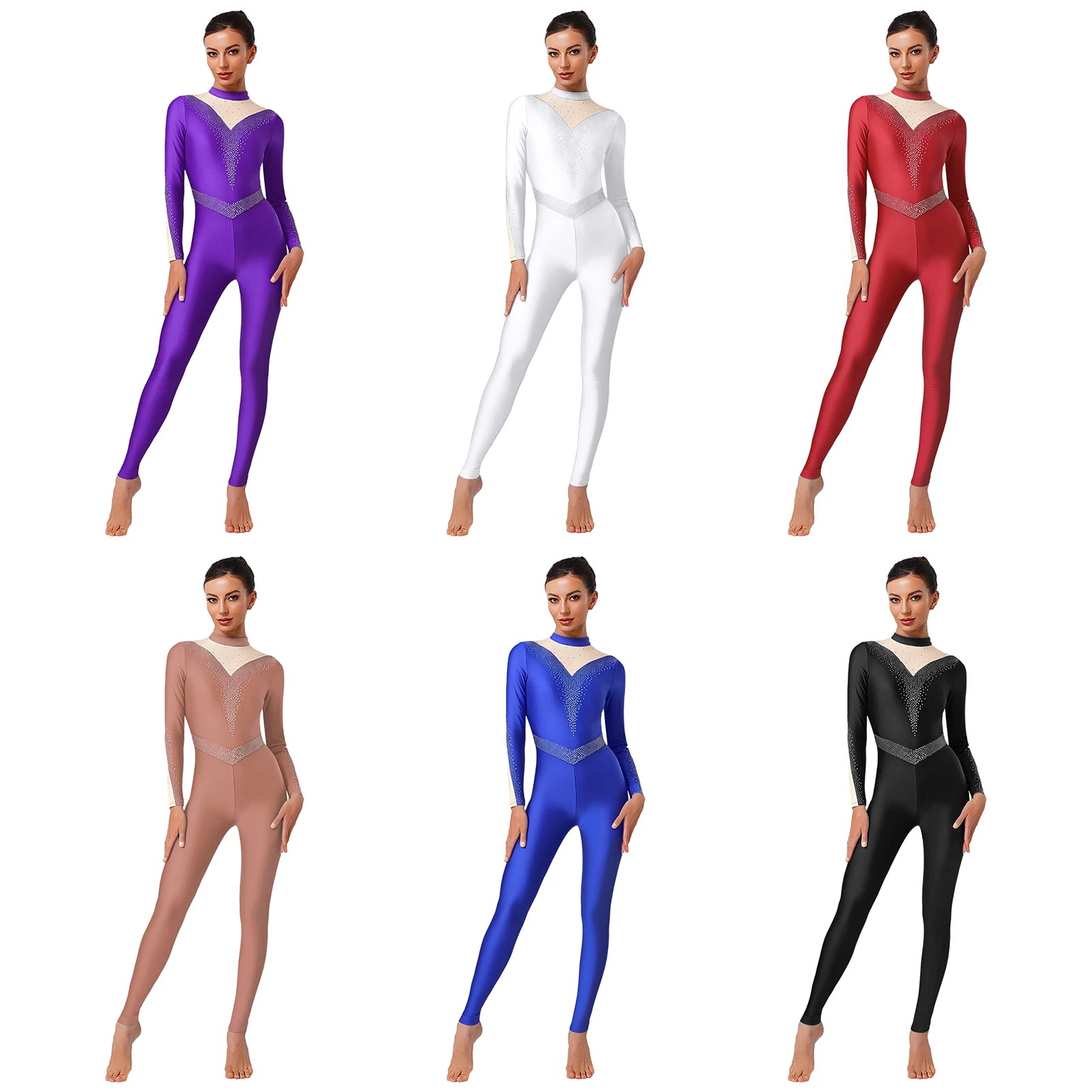 

Women Performance Skating Dance Unitard Sparkling Rhinestone Patchwork Mock Neck Long Sleeve Jumpsuit for Stage Show Competition