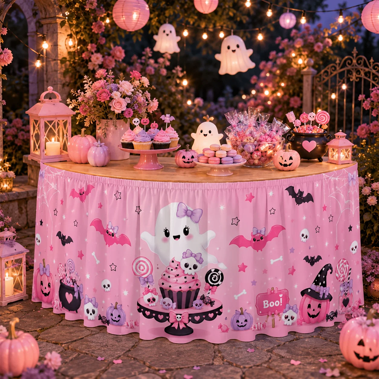 1 piece tablecloth or table skirt, polyester powder color Boo, suitable for Halloween ghost paper cup, cupcake with pumpkinzyc
