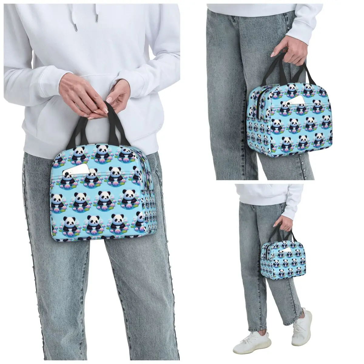 Lotus Water Lily Cute Panda Bear Bath Insulated Lunch Bag for Women Office Cooler Thermal Food Box Tote Lunch Boxes Container