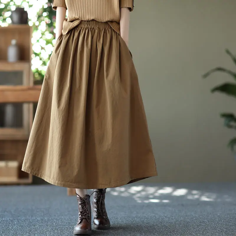 

Casual Korean Skirts Summer Thin Fashion Solid Color Simplicity Elegant Loose Pleated Elastic Waist Pocket New Women's Clothing