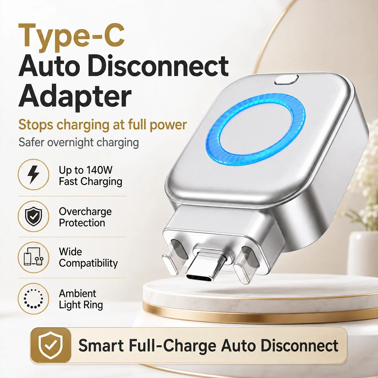 140W Type-C Full Charge Auto Disconnect Adapter USB-C Fast Charging Power Cut-Off Protector with Ambient Light for Phones Tablet