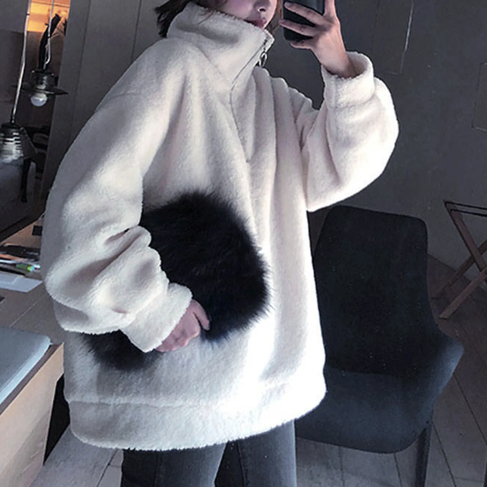 Women Autumn Winter Lamb Wool Zipper Turtleneck Cashmere Sweatshirts Harajuku Loose Outwear Women Fleece Pullovers Coats Female