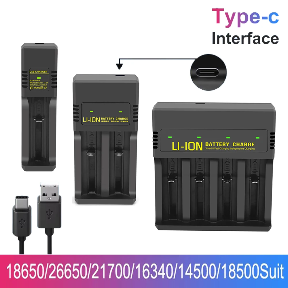 Type-C 1 2 4 Slots18650 Battery Charger 4.2V Rechargeable Lithium Battery Charger Adapter For 18500 16340 14500 21700 26650