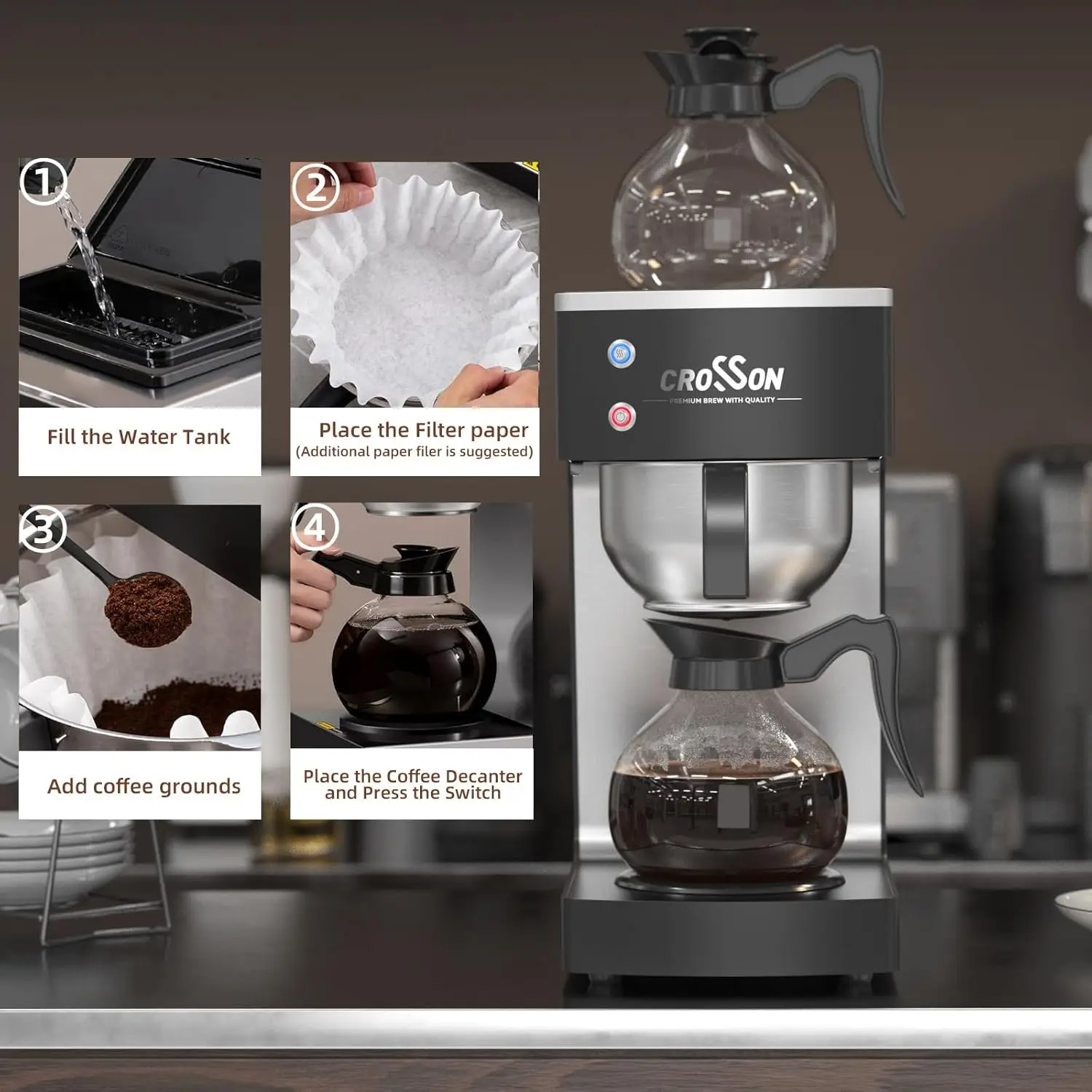 Cafetière goutte-à-goutte commerciale avec réchauffeur supérieur et inférieur et 2 verres, cafetière à verser, facile à nettoyer, sans empreintes digitales