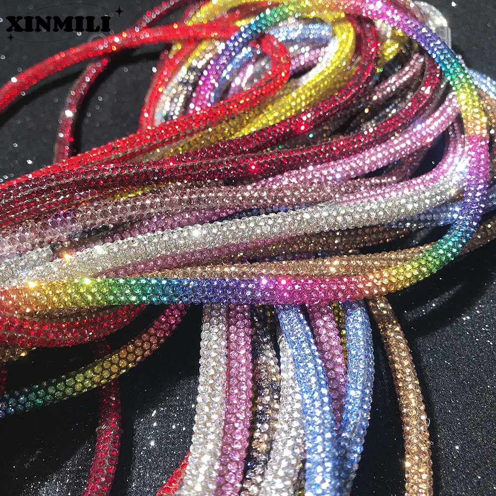 

New 6mm Glass Crystal Cord Rhinestone Rope Applique Colorful Tube Trim Strass Bridal Dress Clothes Hairpin Shoes Bags DIY