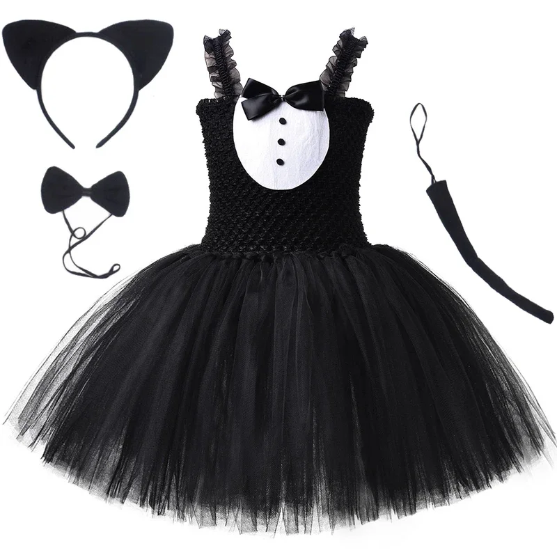 White Black Cat Tutu Dress for Baby Girls Halloween Costumes Kids Animal Kitty Birthday Outfit with Ears Hairbow Child Cloth@0Z*