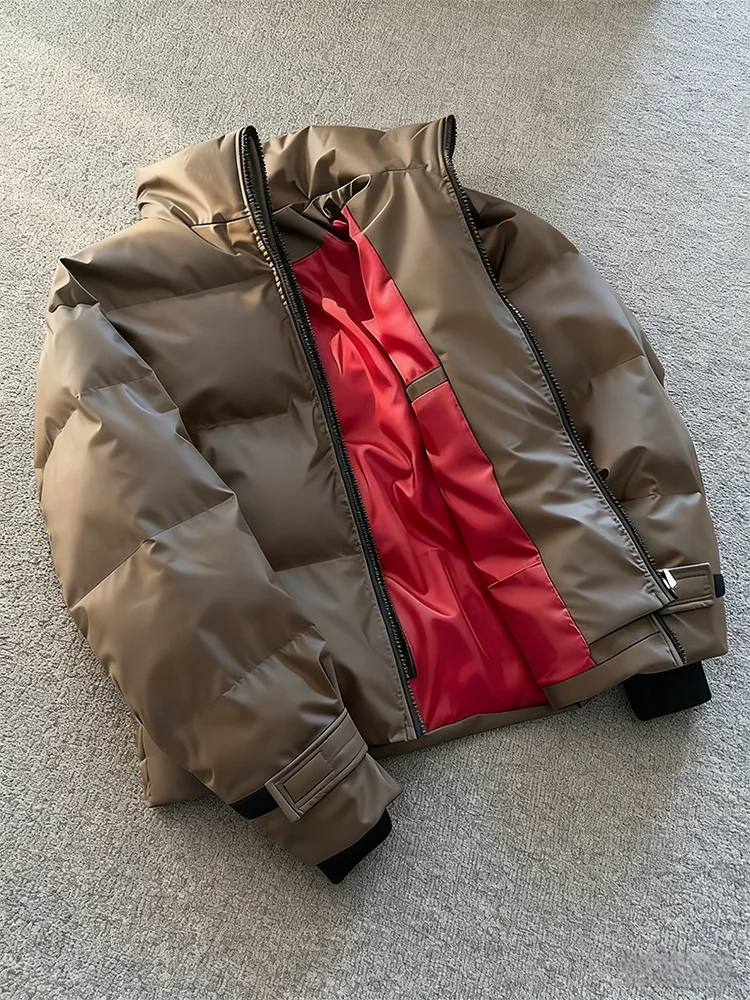 

Thiened American Sle Bread Coat Men's Cotton Jaet PU Leather Stand Collar Winter Outerwear Warm Casual Faion