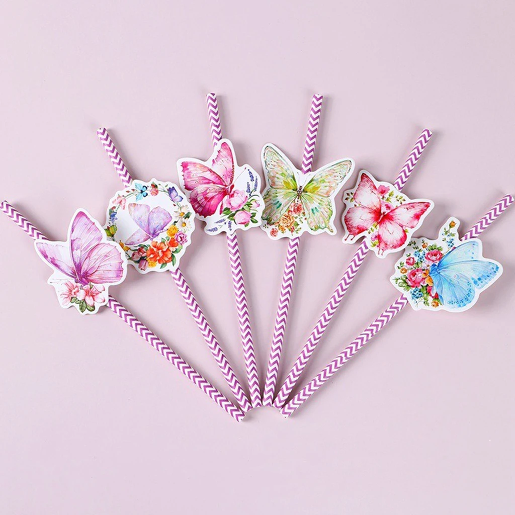 

24pcs Butterfly Theme Party Decoration Straws DIY Colorful Butterfly Card Straws Kids Happy Girls Butterfly Birthday Party Decor