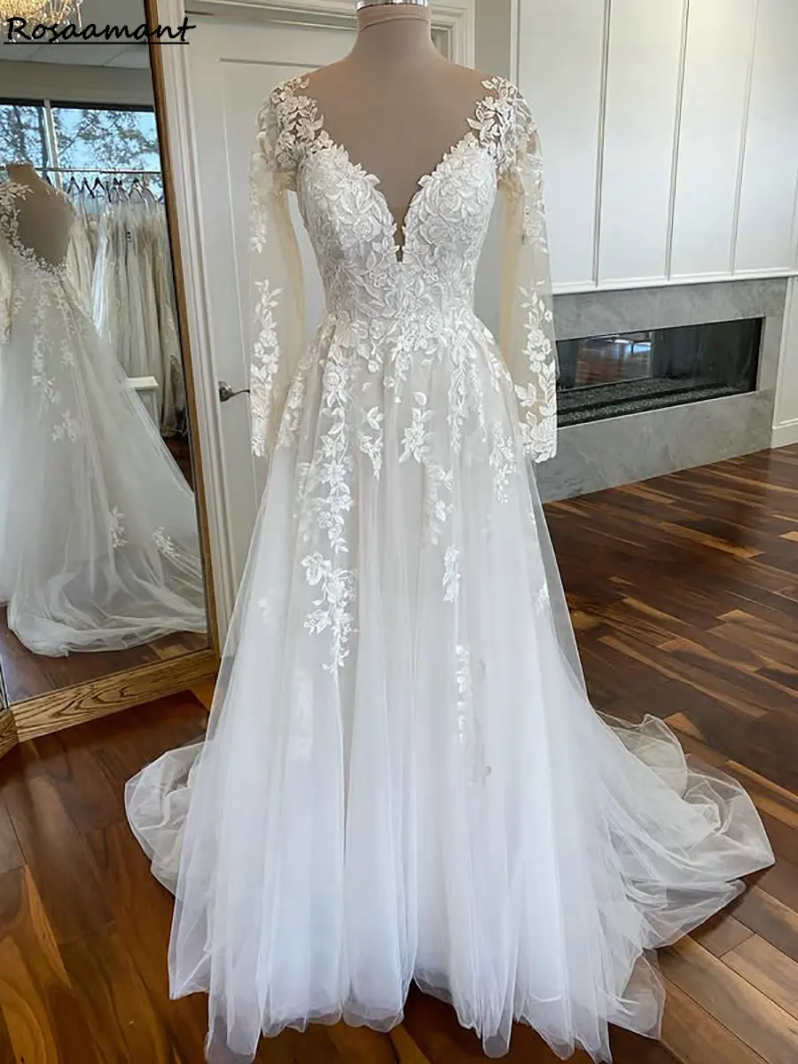 

Village V-Neck Appliques Lace A-Line Wedding Dresses Long Sleeve Backless Country Bridal Gowns