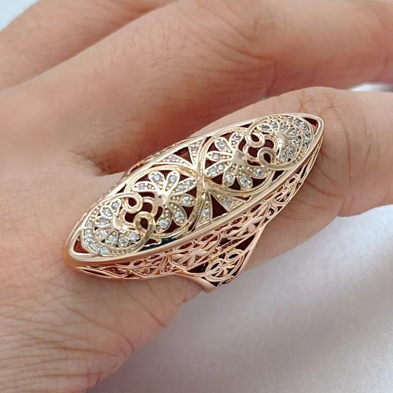 Kinel Hot Unique 585 Rose Gold Color Ethnic Bride Big Ring Shiny Natural Zircon Accessories Fashion Party Wedding Jewelry Gift