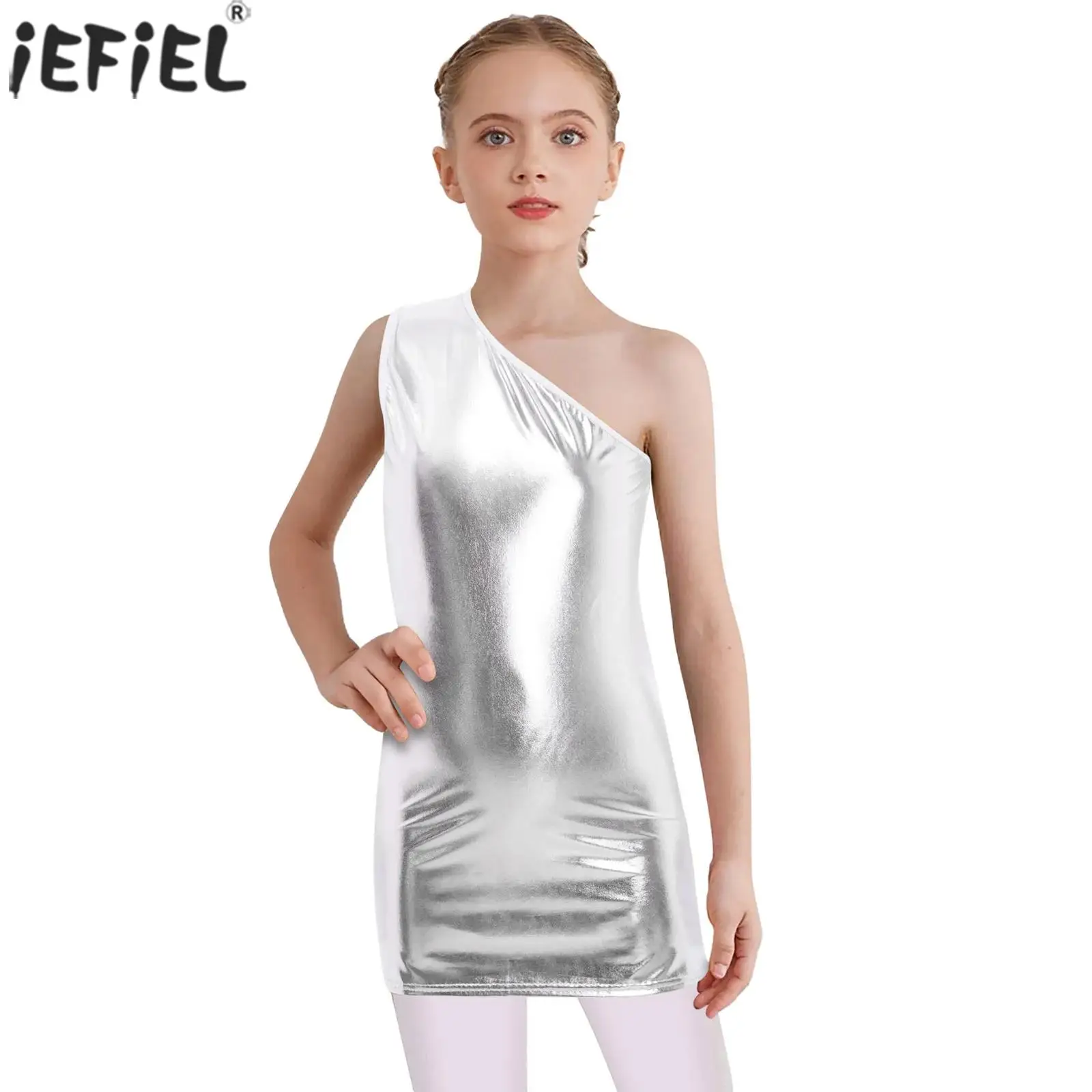 Kids Girls Metallic Shiny Jazz Dance Dress One Shoulder Sleeveless Mini Dress School Show Cheerleading Stage Performance Costume