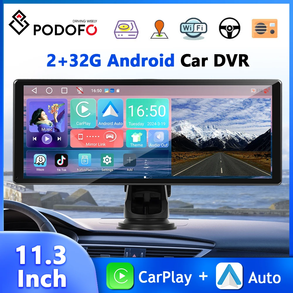 Podofo 11.3 ''Smart Screen Player 8Core 2 32g Auto Monitor Dash Cam Dashboard Carplay Android Auto GPS Navigation WiFi Bluetooth