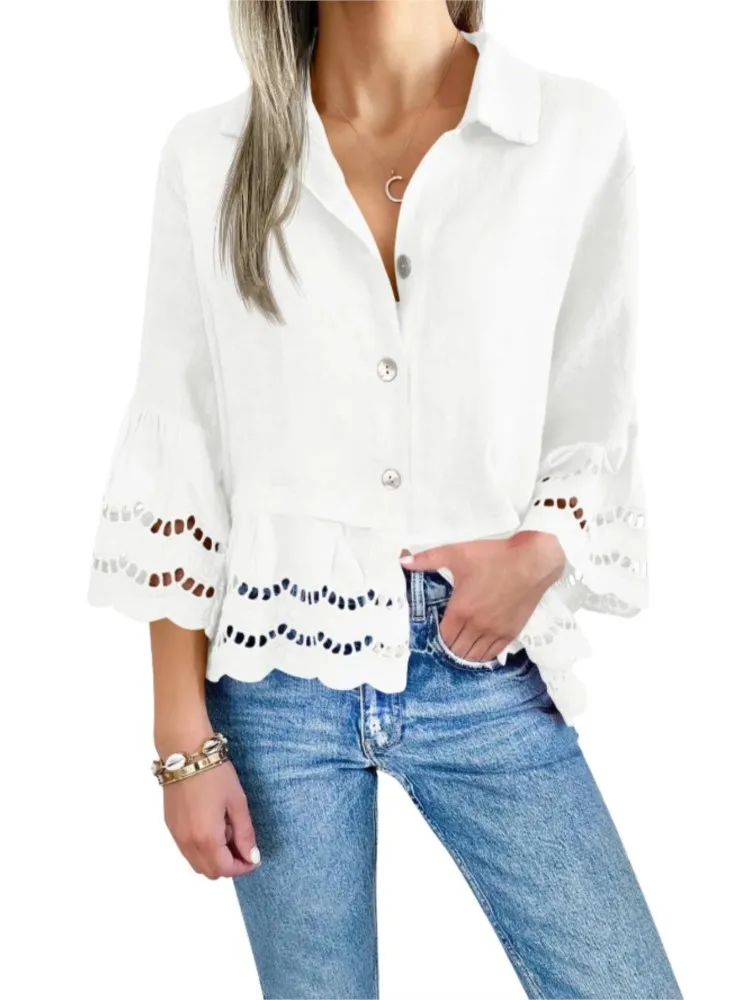 

Fashion Hook Flower Hollow Shirt For Women Casual Long Sleeve Buton Turn-down Collar Shirts Tops Lady Elegant Solid Holiday New