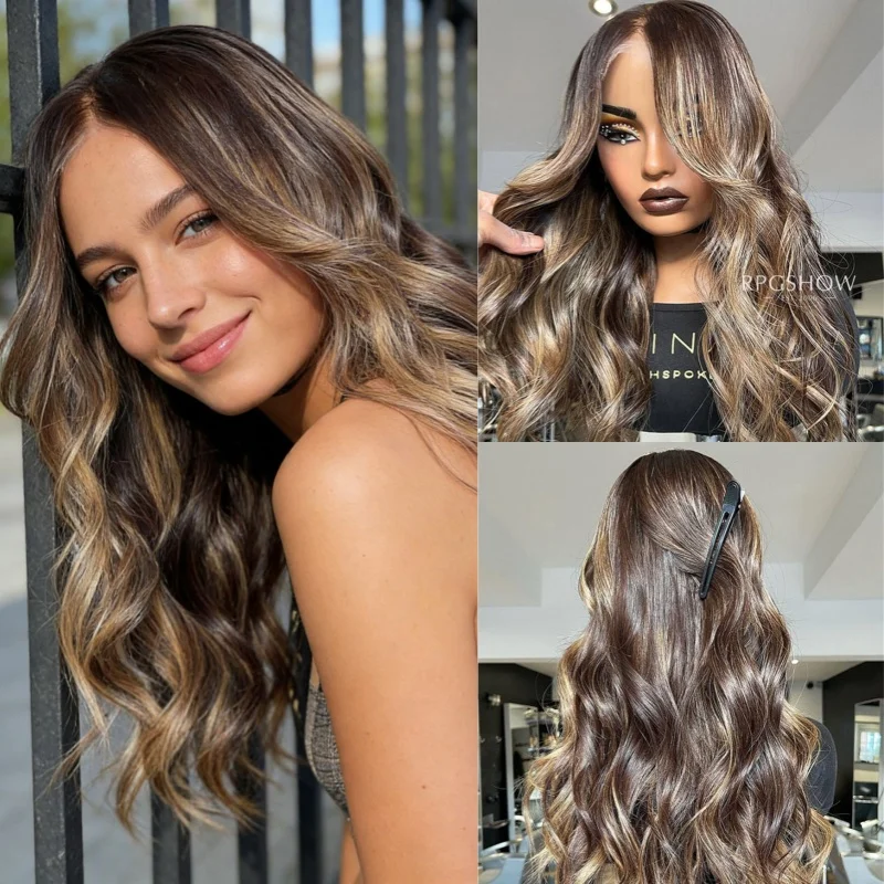 

Мягкий парик с естественной волной, омбре, коричневые пряди, синтетический парик с кружевной передней частью, для вечеринок, повседневного использования, косплея, термостойкое волокно