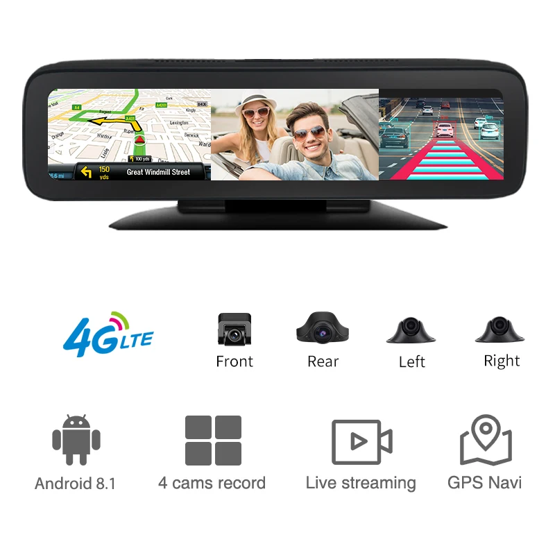 

4 Cameras Dashcam 12 Inch Touch Screen 4G Android 8.1 WiFi ADAS 2GB+32GB GPS 360° Panoramic Video Recorder Parking Monitor