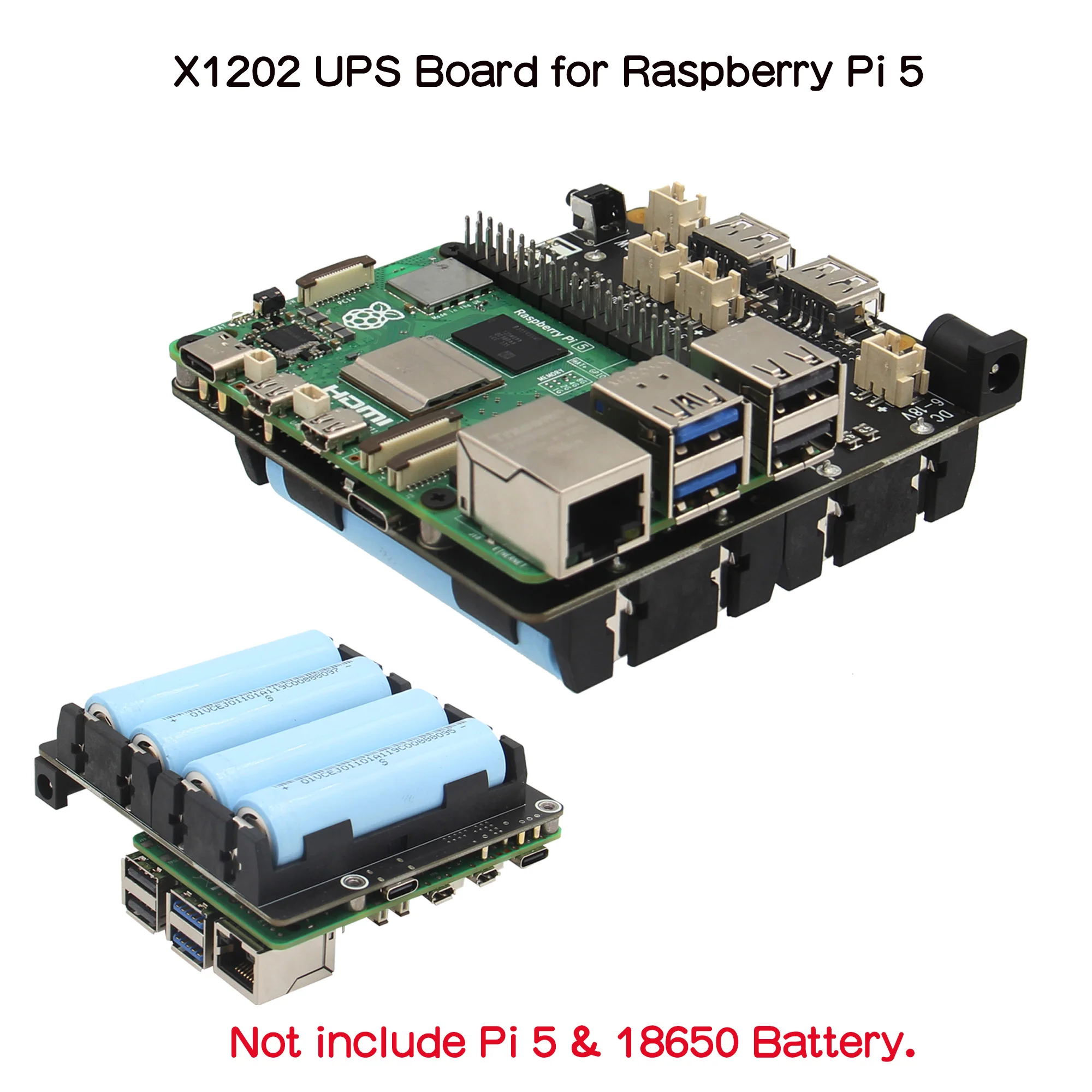 Geekworm X1202 UPS & Power Management Board with 4 cell 18650 battery holder for Raspberry Pi 5