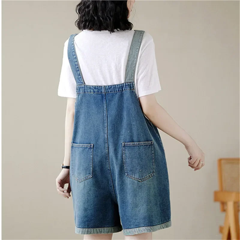 Retro Chinese Style Embroidery Denim Jumpsuit Summer 2024 Fashion Versatile Women Loose Fit Slim Design Jeans Romper Femme