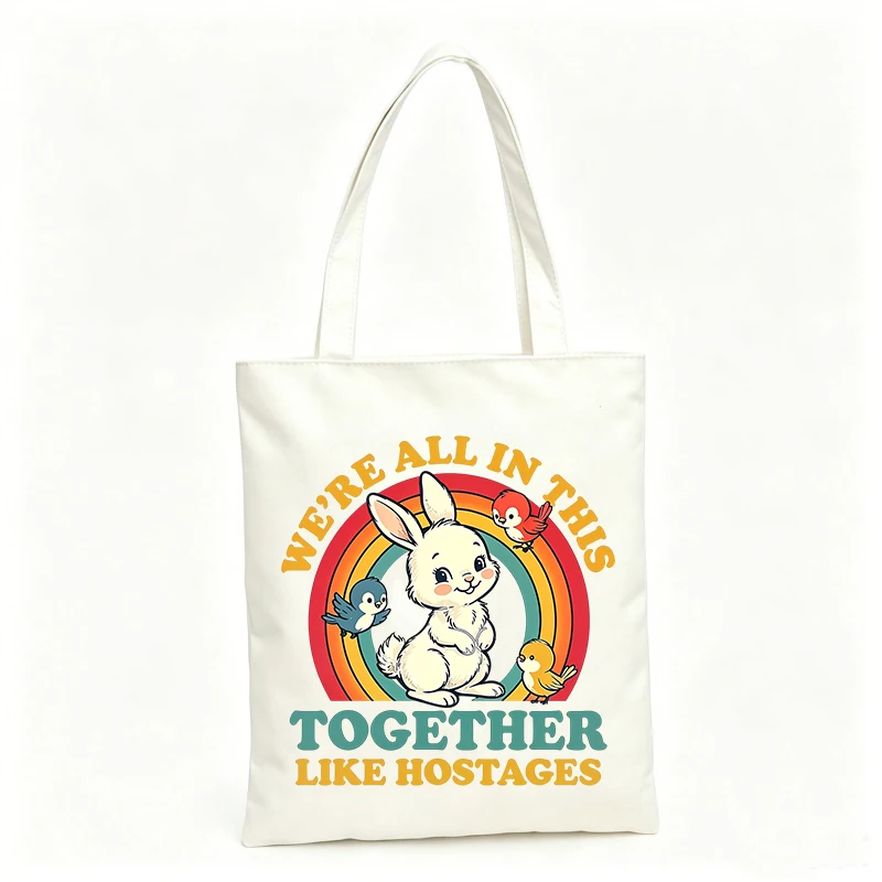 Women's canvas tote bag with cute animal and rainbow graphic, vintage style for casual daily use