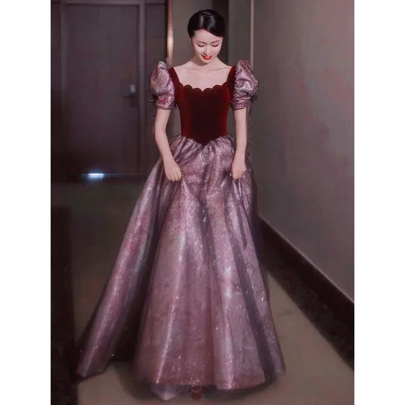 Elegancka suknia wieczorowa z bufiastymi rękawami 2026 Nowa suknia ślubna na toast Egzamin artystyczny Wokalna prowadząca Chór Zaręczyny Sukienka wieczorowa na ramiączkach