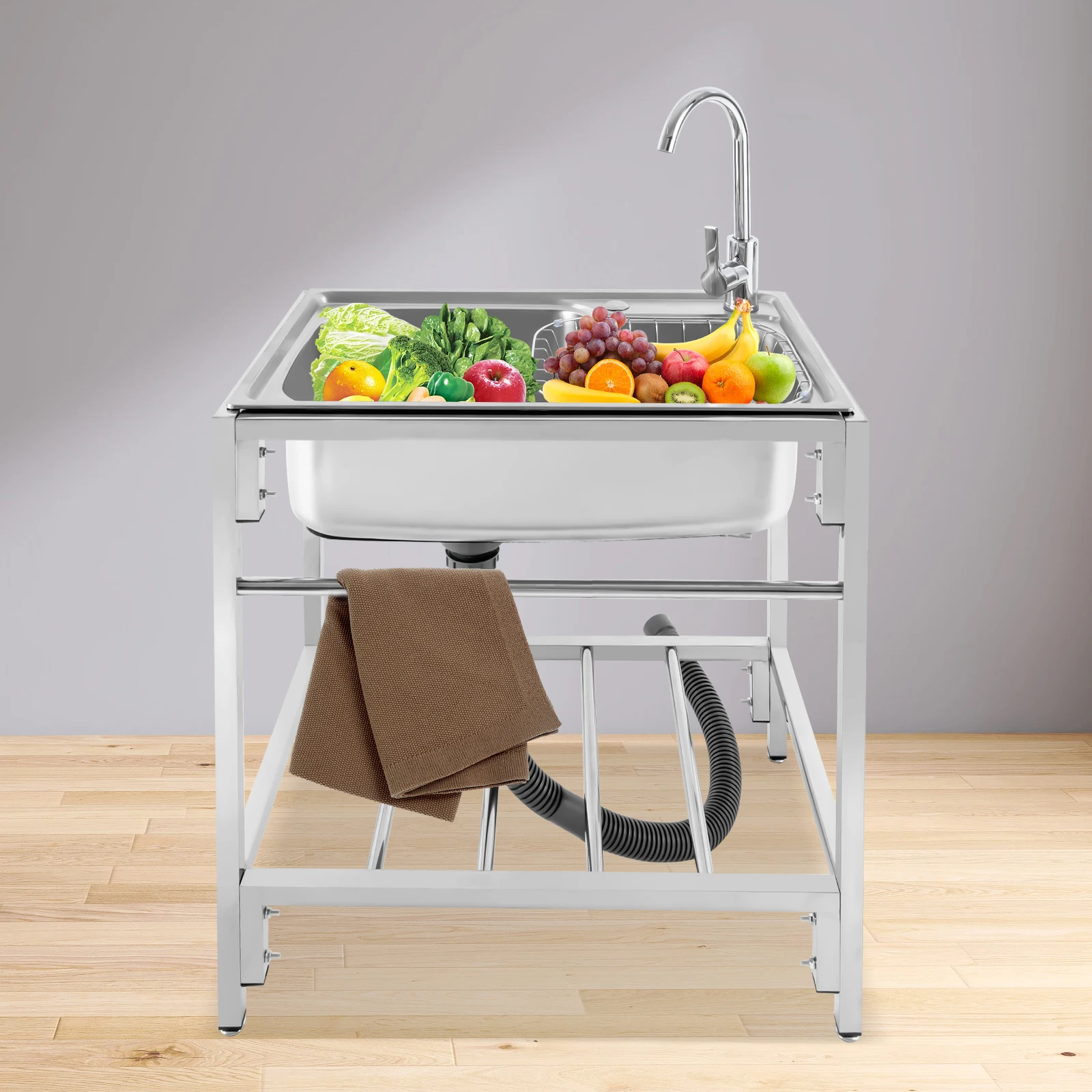 

Silver Freestanding Single Basin Sink 202 Stainless Steel - 2414.58.3in Large Capacity&Bottom Silencing Pad, Lead-Free Durable