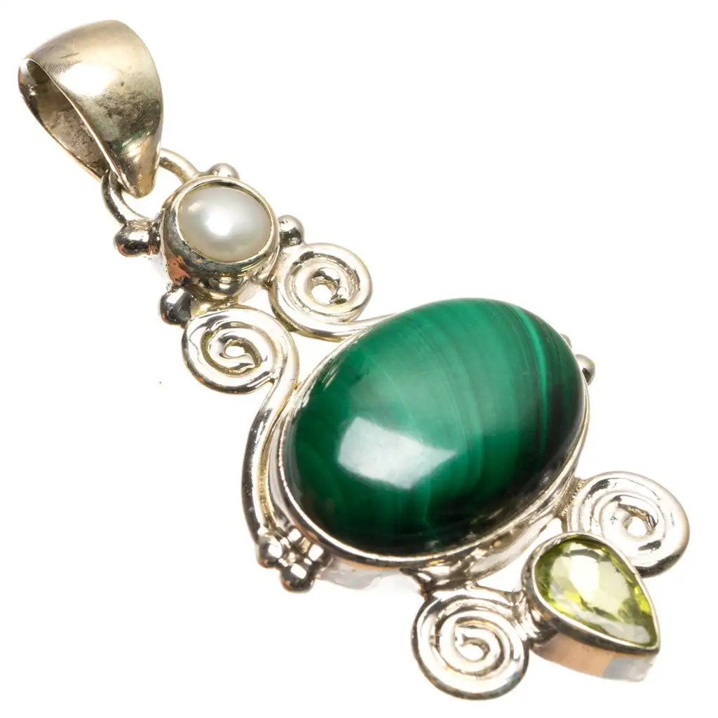 

StarGems Malachite,Peridot and River Pearl Boho Style 925 Sterling Silver Pendant 1 3/4" S0365