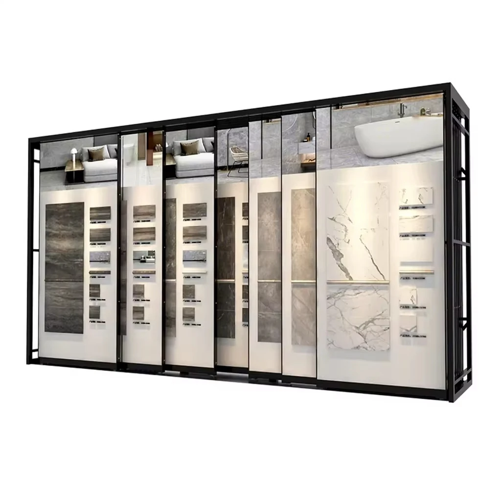

&c New Design Customize Flat Pushing Wood Flooring Timber Stand Sliding Large Stone Ceramic Tile Display Racks for Showroom