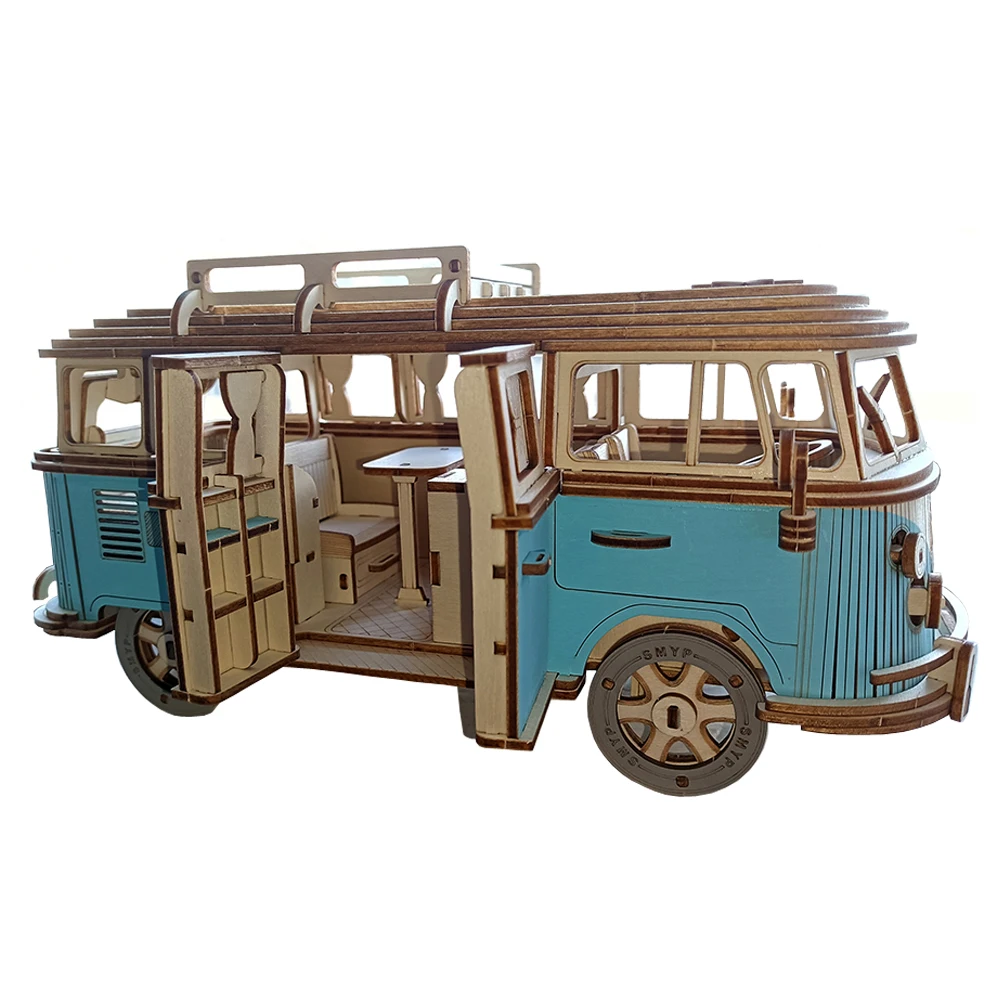 Campervan 3D Ahşap Araba Bulmaca Retro Otobüs Avrupa tarzı DIY Prenses Kale Villa Modeli Ahşap Yapboz Oyuncaklar Çocuklar Kızlar Için