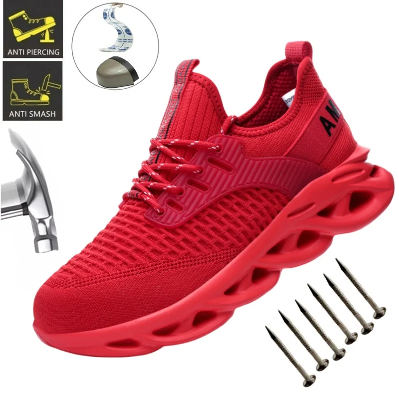 أحذية عمل آمنة للرجال باللون الأحمر قابلة للتنفس ومقاومة للثقب في الهواء الطلق أحذية غير قابلة للانزلاق أحذية رياضية للعمل للرجال قابلة للتنفس #1