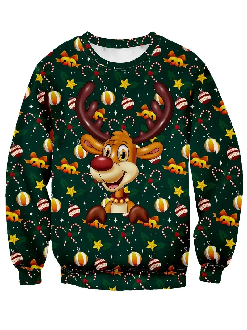 

3D Printed Elk Pattern O-Neck Hoodies Men's Fall Print Santa Claus Graphic Sweatshirts Autumn Winter Christmas Carnival Clothing