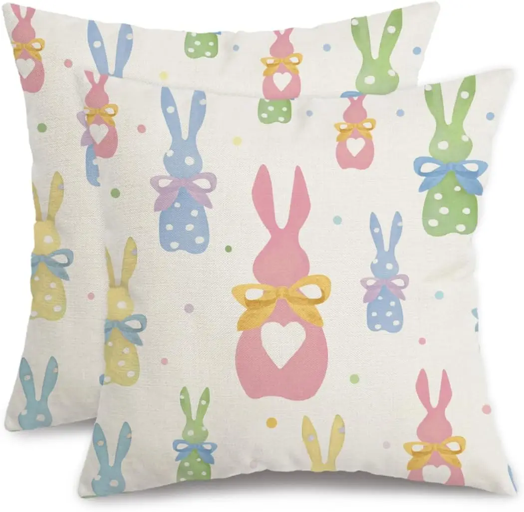 Easter Pillow Covers 18X18 Inch Set of 2,Polka Dots Colorful Bunnies Decorations Holiday Farmhouse Spring Pillow Case for Home